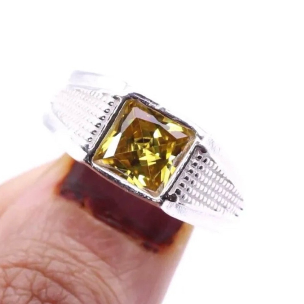 Stamped 925 Sterling Silver NATURAL Yellow Citrine Princess Cut Gemstone Ring